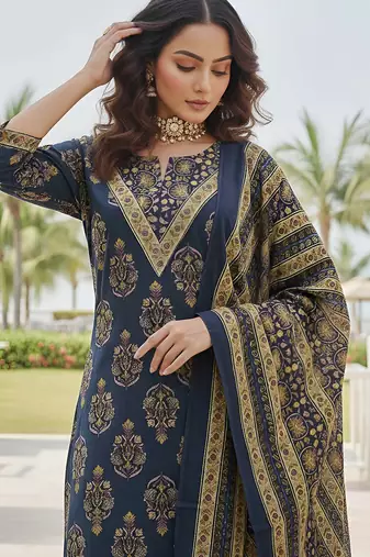 Navy blue floral printed straight kurta set for women