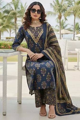 Navy blue floral printed straight kurta set for women