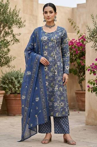 Blue floral printed straight kurta set for women
