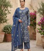 Blue floral printed straight kurta set for women