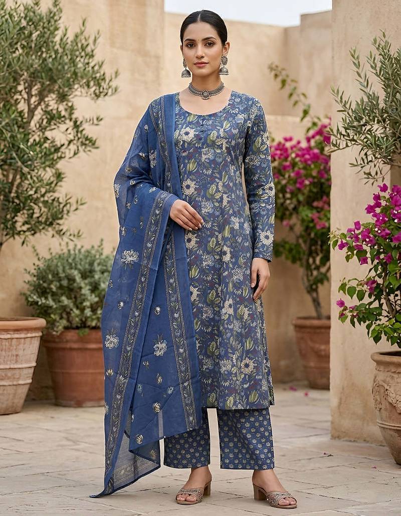 Blue floral printed straight kurta set for women