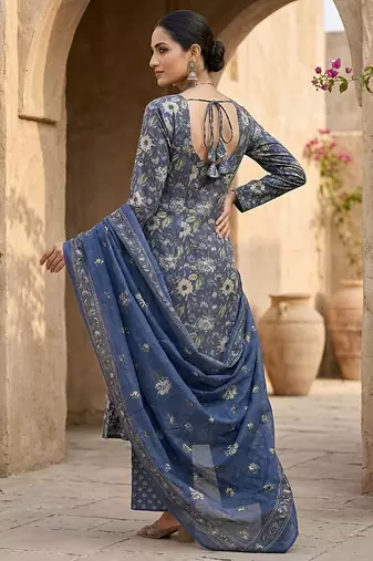 Blue floral printed straight kurta set for women