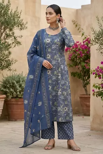 Blue floral printed straight kurta set for women
