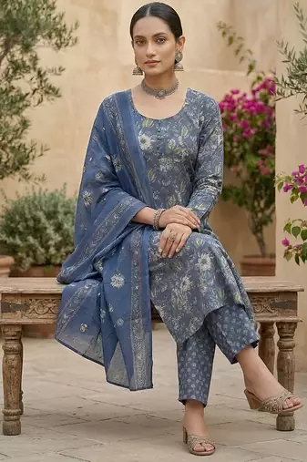 Blue floral printed straight kurta set for women