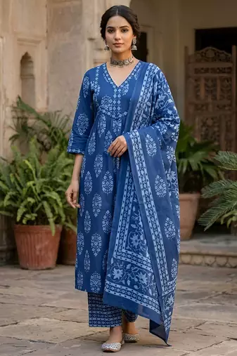 Blue floral printed straight kurta set for women