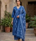 Blue floral printed straight kurta set for women