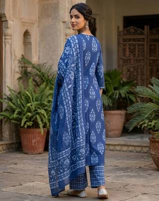 Blue floral printed straight kurta set for women 2