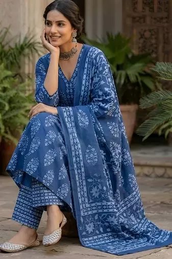 Blue floral printed straight kurta set for women
