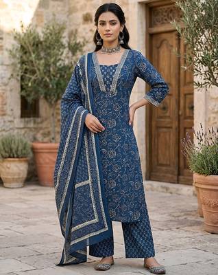 Navy blue floral printed straight kurta set for women 1