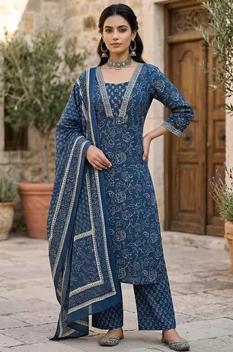 Navy blue floral printed straight kurta set for women