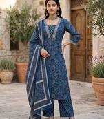 Navy blue floral printed straight kurta set for women