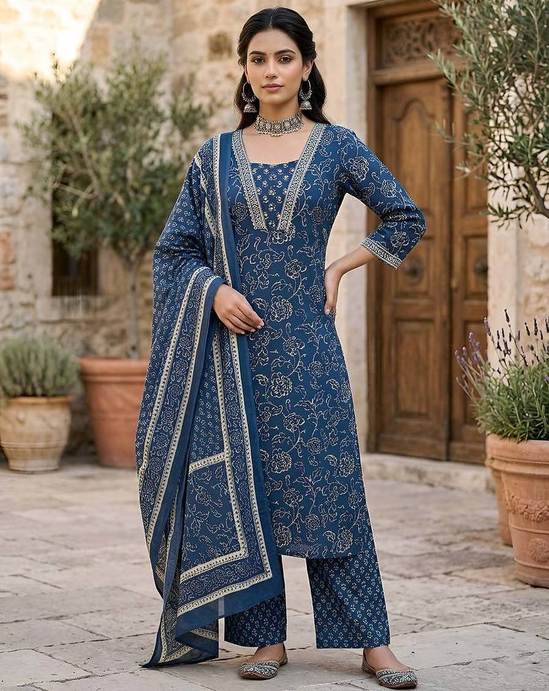 Navy blue floral printed straight kurta set for women