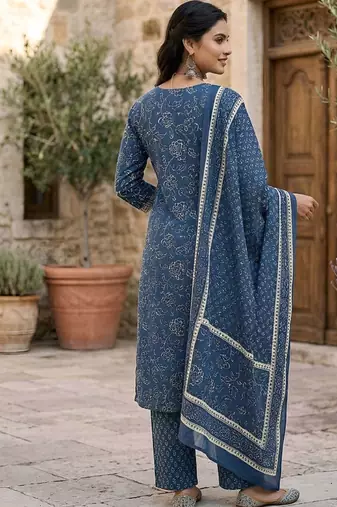 Navy blue floral printed straight kurta set for women