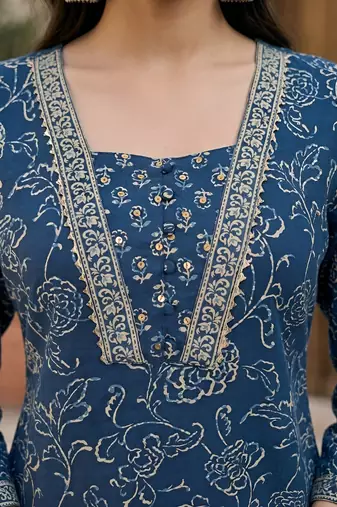 Navy blue floral printed straight kurta set for women