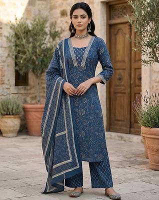 Navy blue floral printed straight kurta set for women 5