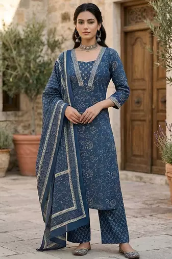 Navy blue floral printed straight kurta set for women