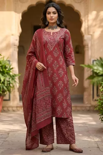 Maroon floral printed straight kurta set for women