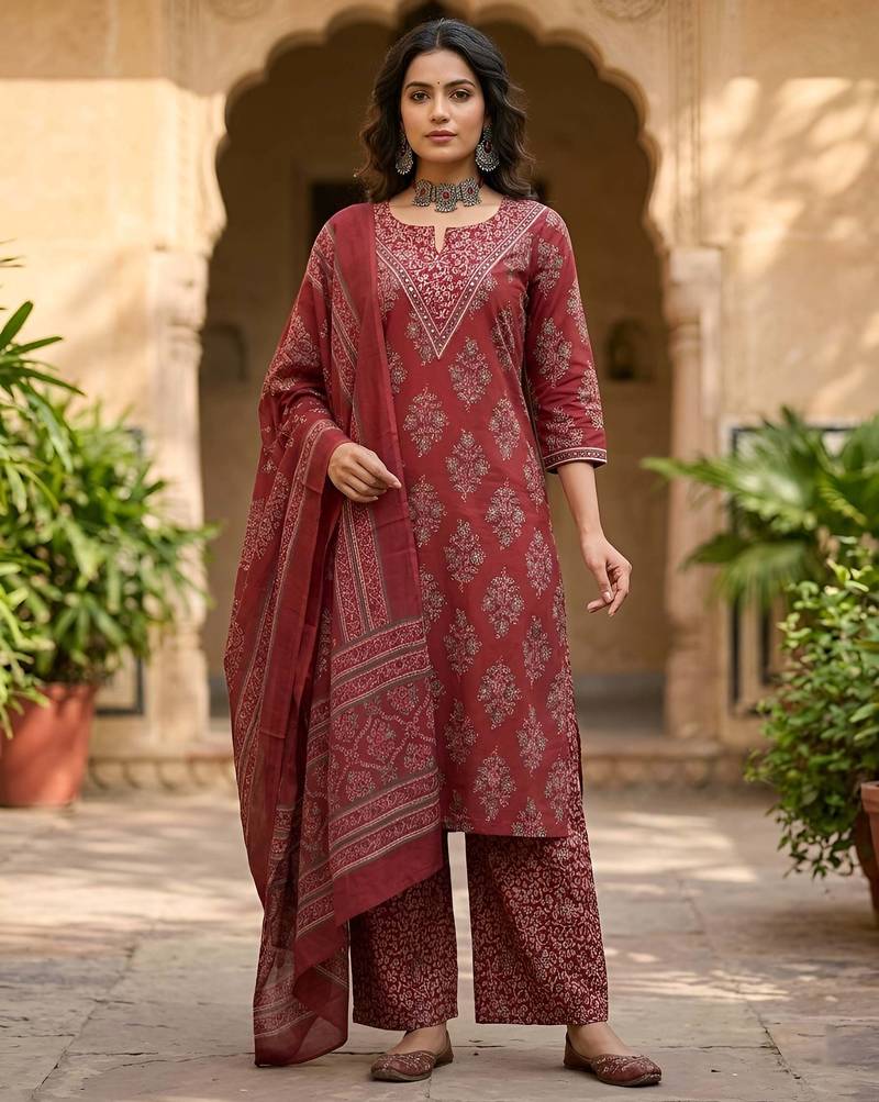 Maroon floral printed straight kurta set for women