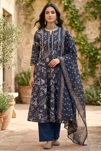 Blue floral printed anarkali kurta set for women
