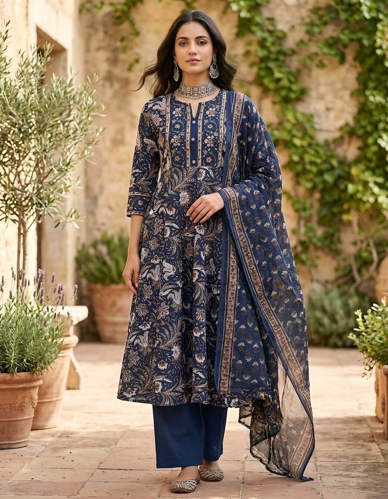 Blue floral printed anarkali kurta set for women