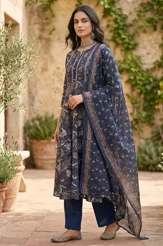 Blue floral printed anarkali kurta set for women