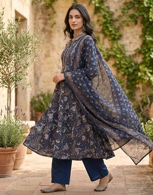 Blue floral printed anarkali kurta set for women 5