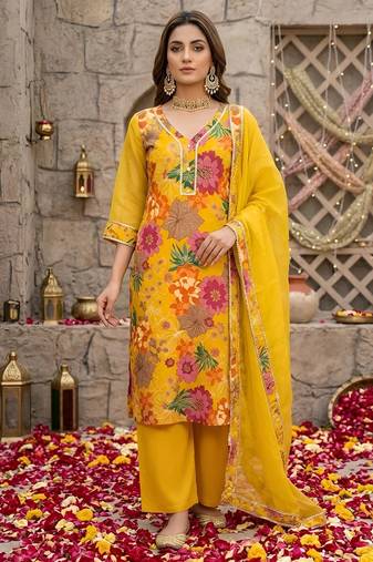 Yellow floral printed straight kurta set for women