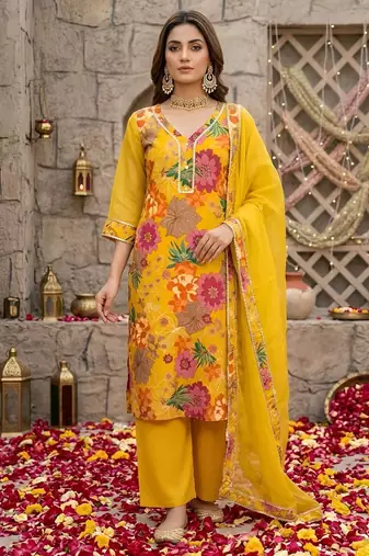 Yellow floral printed straight kurta set for women