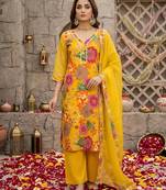 Yellow floral printed straight kurta set for women