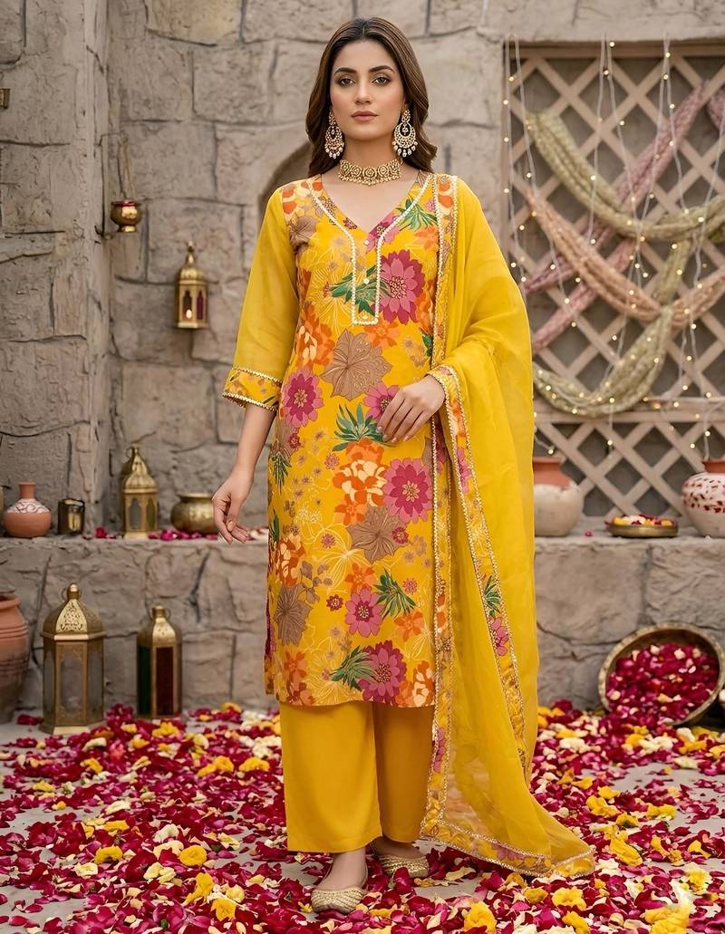 Yellow floral printed straight kurta set for women