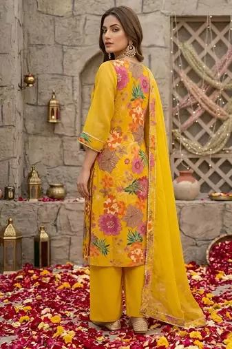 Yellow floral printed straight kurta set for women