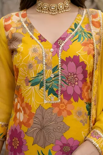 Yellow floral printed straight kurta set for women