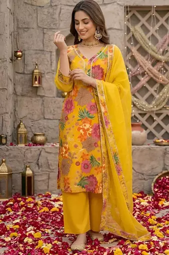 Yellow floral printed straight kurta set for women