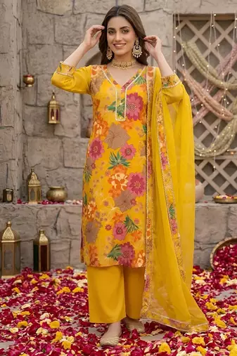 Yellow floral printed straight kurta set for women