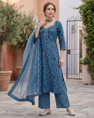 Blue floral printed straight kurta set for women 1