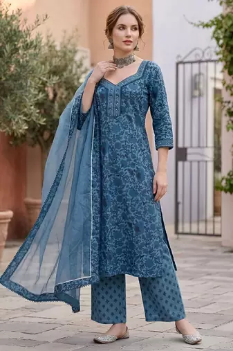 Blue floral printed straight kurta set for women