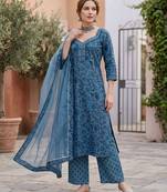 Blue floral printed straight kurta set for women