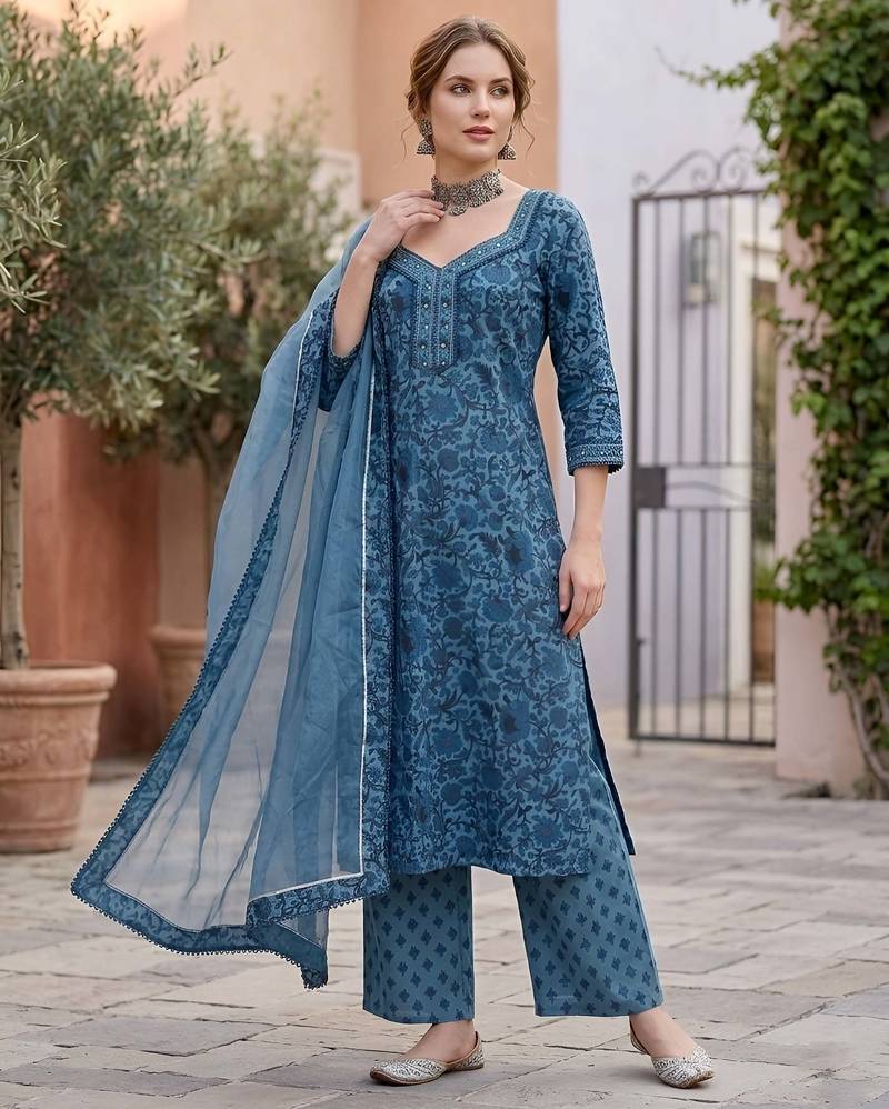 Blue floral printed straight kurta set for women