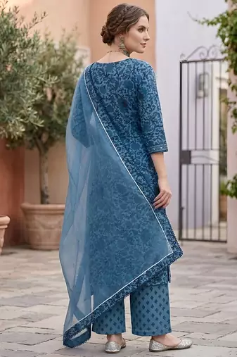Blue floral printed straight kurta set for women