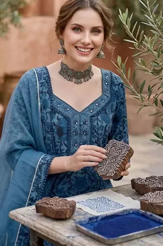 Blue floral printed straight kurta set for women