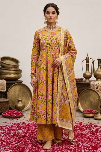 Yellow floral floral printed anarkali kurta set for women