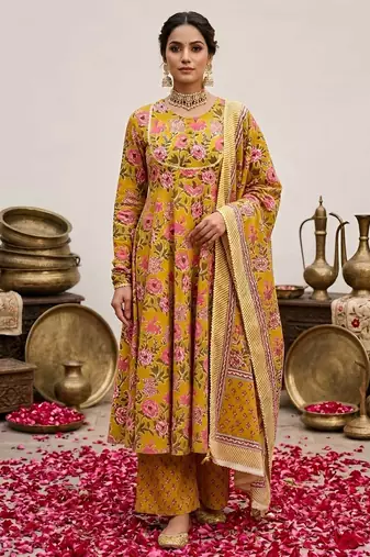 Yellow floral floral printed anarkali kurta set for women