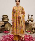 Yellow floral floral printed anarkali kurta set for women