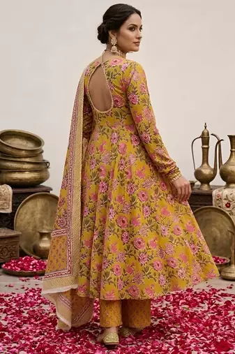 Yellow floral floral printed anarkali kurta set for women