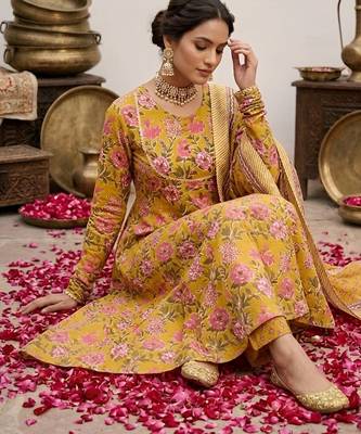 Yellow floral floral printed anarkali kurta set for women 3
