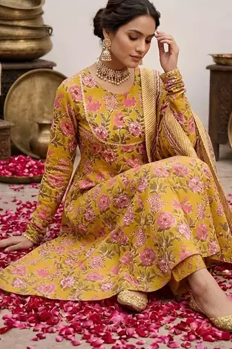 Yellow floral floral printed anarkali kurta set for women