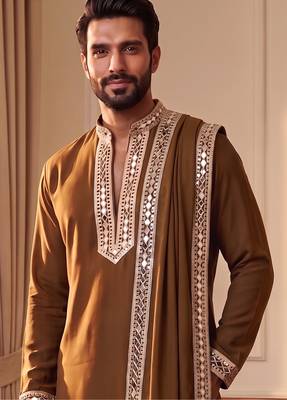 yellow kurta set with silver mirror work and an attached stole 1