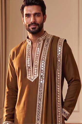 yellow kurta set with silver mirror work and an attached stole