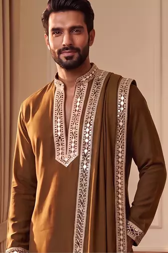 yellow kurta set with silver mirror work and an attached stole
