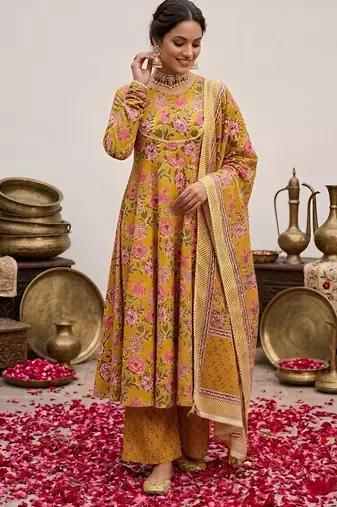 Yellow floral floral printed anarkali kurta set for women